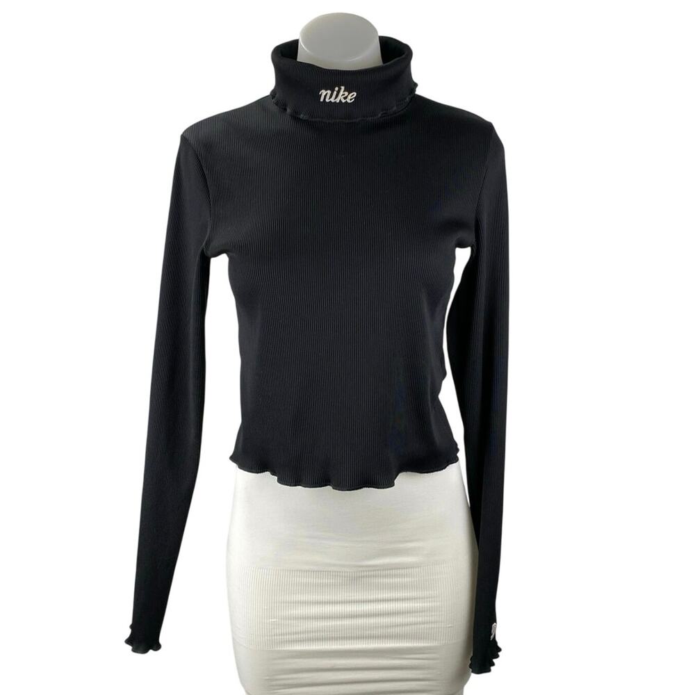 Nike Women's Black Ribbed Knit Long Sleeve Turtle Neck Crop Sweater Tops Size S